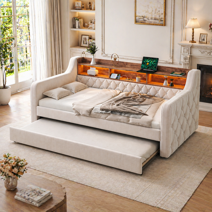 EINHOM Platzsparendes Sofa-Bett 90 x 190 cm aus Samt mit Stauraum, LED-Ambiente & USB-C-Anschluss, 12 Lattenroste & Stabiler Metall-Holz-Rahmen, für Schlafzimmer, Gästezimmer oder Jugendzim. Beige (Ohne Matratze)