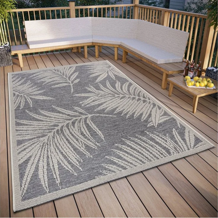 Hanse Home Paru Outdoor Teppich Wetterfest – Modernes Palmen Muster Florales Design, Wasserfest robuster Aussenteppich Flachgewebe für Garten, Balkon, Terrasse, Wohnzimmer – Grau Creme, 76x150 cm – Bild 1