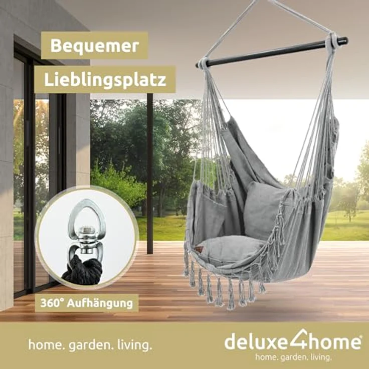 deluxe4home Hängesessel mit 2 Kissen, Bücherfach, Kuscheldecke 160x100 cm, Hellgrau/Anthrazit – Bild 2