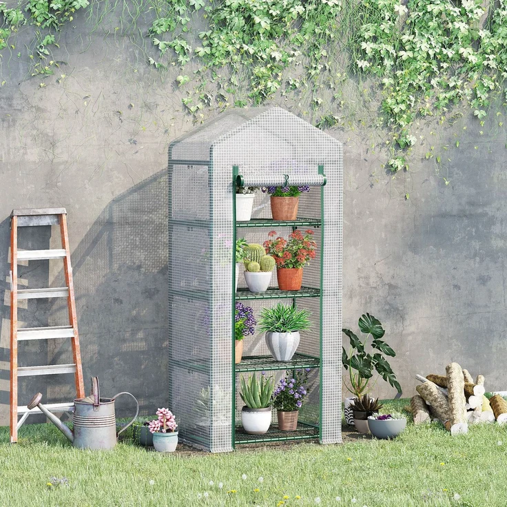 MELAYR, Gewächshaus aus PE mit 4 Regalböden, Balkongewächshaus, Verstärkte Plane (140 g/m²), 70 x 49 x 8 cm, Weiß – Bild 3