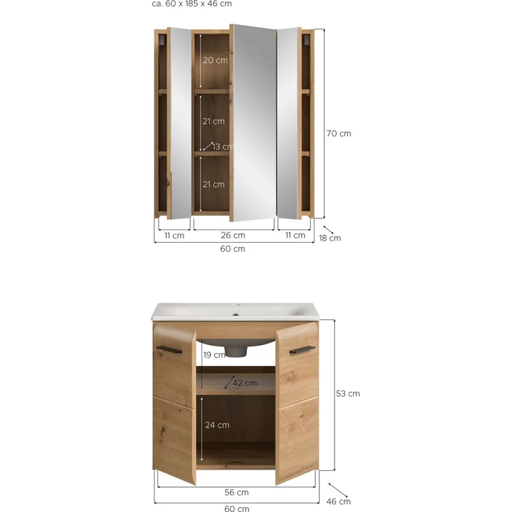 Badkombination (B/H/T: 60x185x46 cm) in Artisan Oak Nachbildung und Artisan Oak Nachbildung – Bild 4