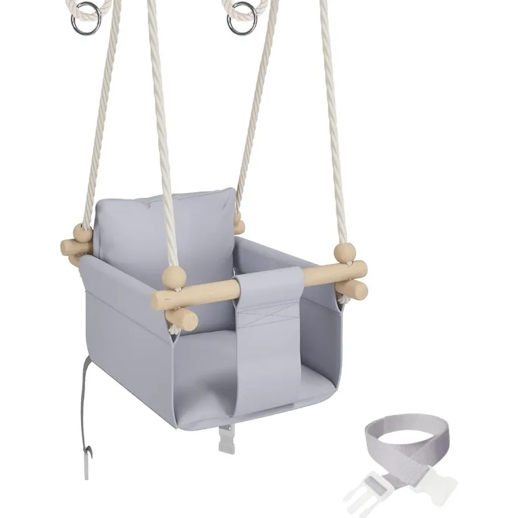 MAMOI® Babyschaukel Kinderschaukel + SICHERHEITSGURT | Höhenverstellung Decke 190-260cm | Baby Schaukel Holz | Kleinkindschaukel Hellgrau | Schaukel Kinder Indoor Outdoor | CE | 100% ECO | Made in EU