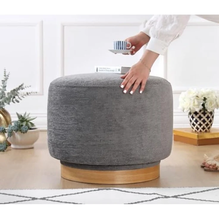 Atelier Del Sofa Stylish Grey Pouffe, 100% Cotton, 360° Rotatable, 6 cm Sponge, Oak Wood Legs, 55 x 55 x 43 cm | Perfect for Modern Living Rooms & Bedrooms – Bild 4