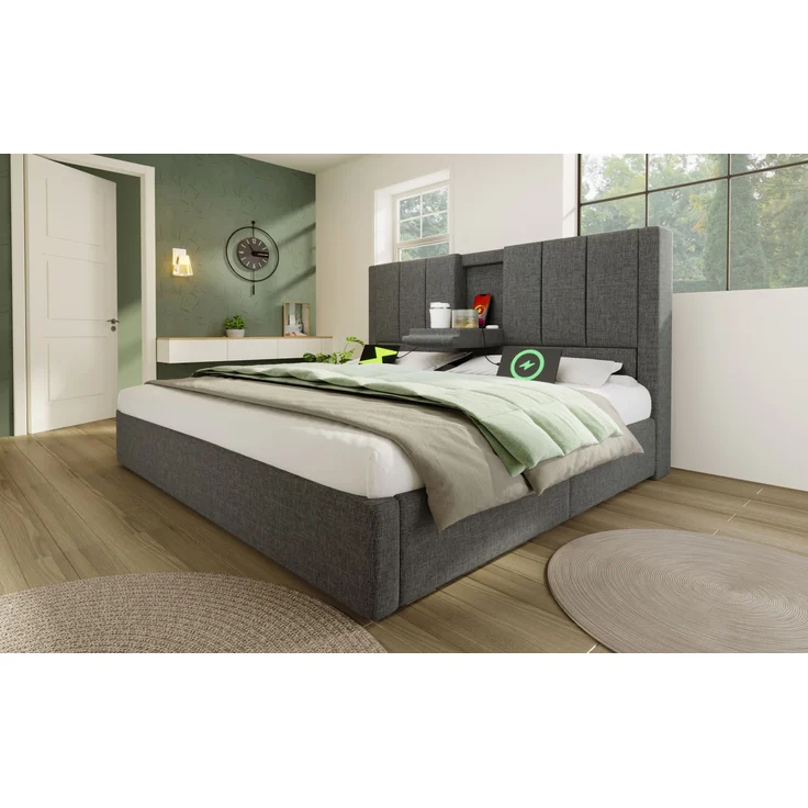 Doppelbett mit praktischer Klapp-Funktion, Leinen, 140x190 cm, Grau, ohne Matratze – Bild 4