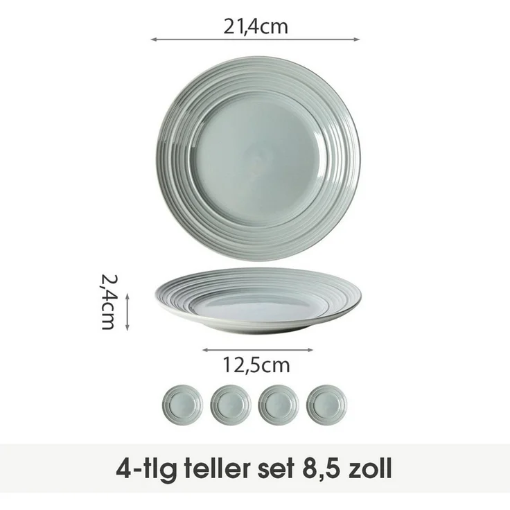 JIWOO Teller 4er Ø21,4cm, Salatteller Frühstücksteller Pastateller Dessertteller, (4 St), Keramik Hochwertiges Tellerset Grau Mikrowellen spülmaschinenfest – Bild 2