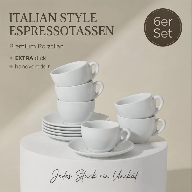 MUVELL Espressotasse 6x Espressotassen & Untertassen Set 0,8 cm dickwandig, weiß, 6-tlg, Keramik, 60 ml weiß – Bild 2