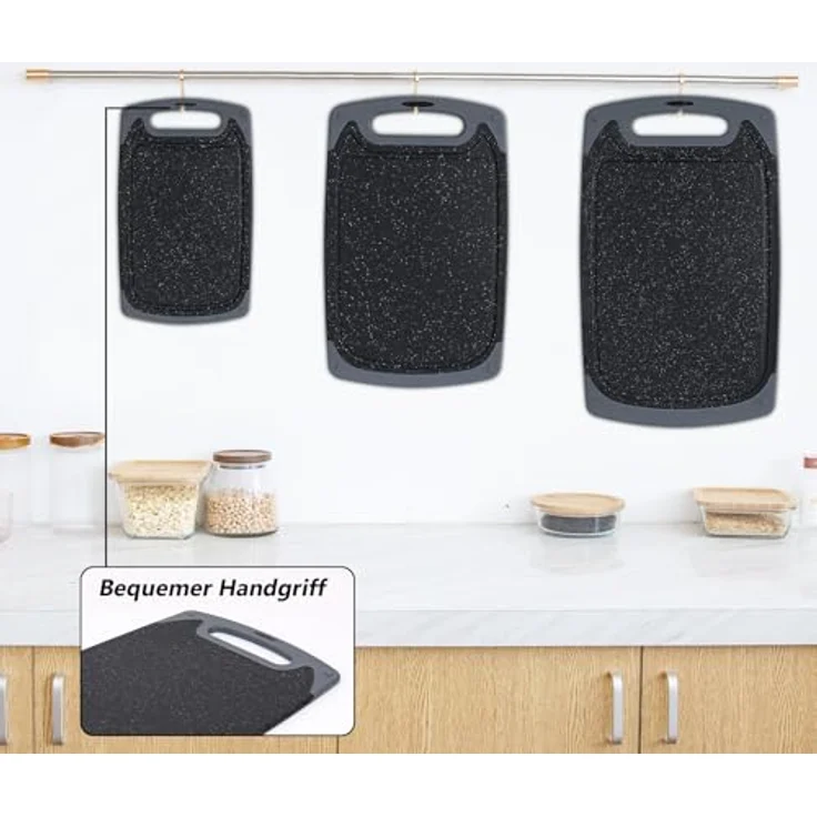 ROTTOGOON Schneidebrett Kunststoff Set mit Saftrille für Küche, Schwarz | BPA-freie Kunststoff-Schneidebretter, Spülmaschinenfest, Rutschfesten Füßen, mit Griff – Bild 7
