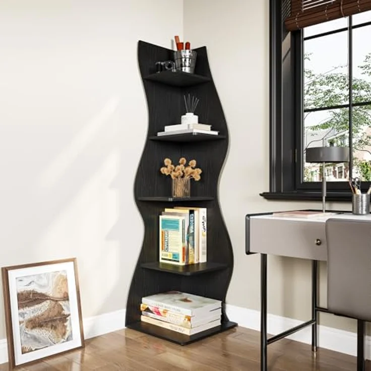 LITTLE TREE Bücherregal Ecke, Modernes Regal Schmal mit 6 Ebenen, 50 x 48 x 179 cm Bücherregal Holz, Standregal mit Wellen-Design für Kleine Räume, Wohnzimmer & Schlafzimmer, Schwarz, 2er Pack – Bild 3