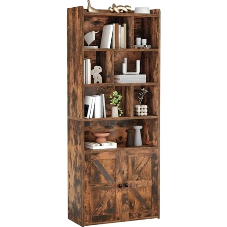 YITAHOME 4-stöckiges Bücherregal mit Türen und Schrank, freistehendes Bücherregal mit offenen Fächern für Zuhause, Büro, Wohnzimmer und Schlafzimmer, rustikales Braun, 60 x 30 x 159 cm – Bild 8
