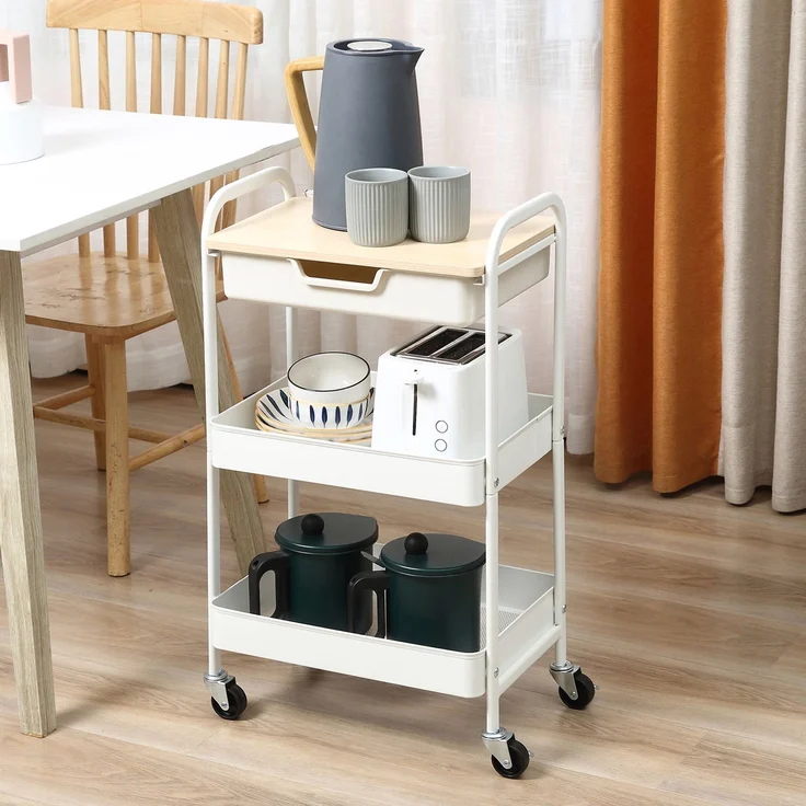 Rollbarer Küchenwagen, 2 Regale, Schublade, Ablage, 4 Rollen, Griffe, Stahl, Weiß--Weiß--43.9x30.5x75.6cm--YOUDENOVA – Bild 4