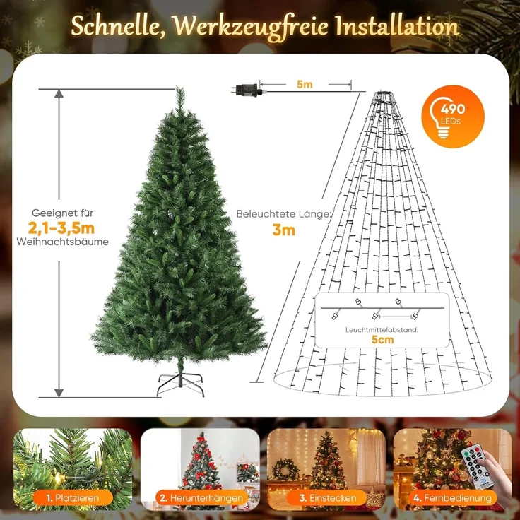 SALCAR 3m Christbaumbeleuchtung mit Ring und 14 Girlanden, 490er LED Überwurf Lichterkette mit Fernbedienung, Wasserdicht Lichterkette Weihnachtsbaum für 210cm bis 350cm Tannenbaum, Warmweiß – Bild 2