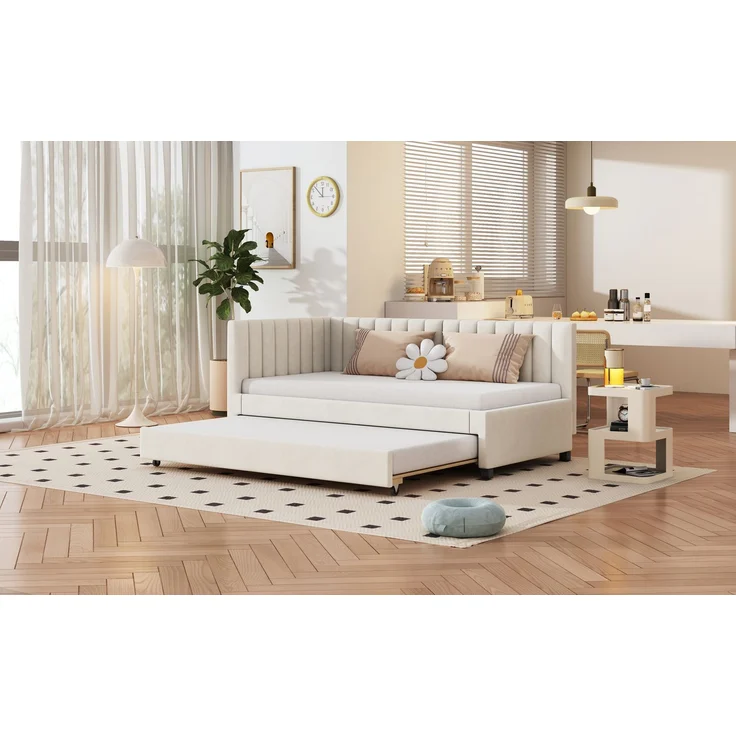 Polsterbett, 90 x 200, Ausziehbares Schlafsofa, Multifunktionsbett mit Lattenrost, Jugendbetten Kinderbetten Gästebetten, Samtstoff, Beige, 90 x 200 cm – Bild 8