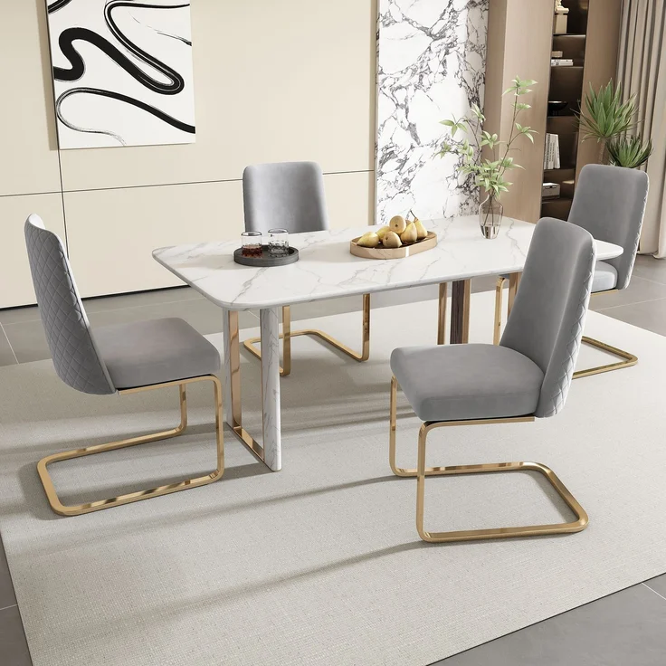 Esszimmerstuhl Samt Grau 2er Set mit Rauten Design Rückenlehne,Polsterstuhl ergonomisch gepolstert mit Metallbeinen, Loungesessel stilvoll weich – Bild 5