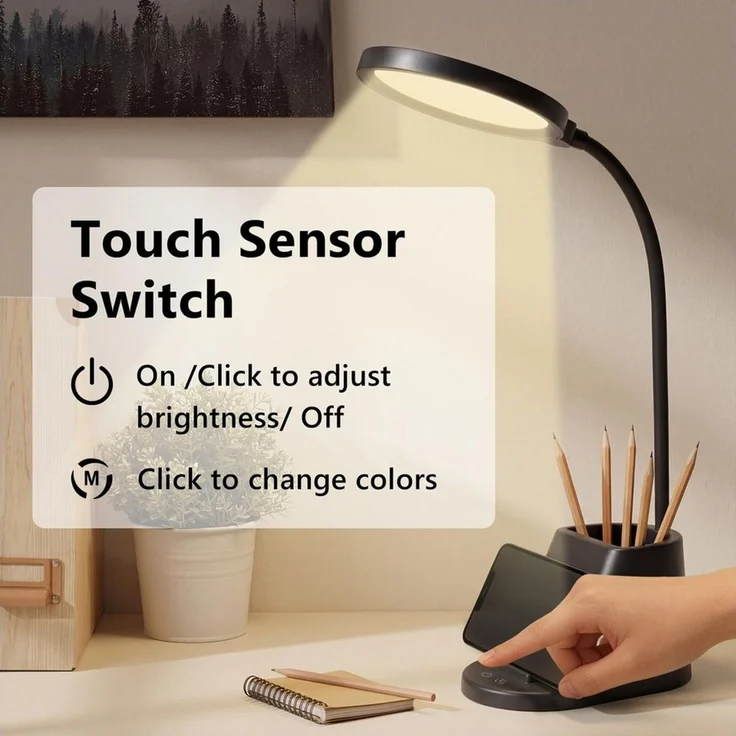 LQWELL LED Schreibtischlampe 4 in 1 LED Schreibtischlampe USB Aufladbar, LED fest integriert, 3 Helligkeitsstufen Nachtlicht, 360° Flexibel Stifthalter Tischlampe Studienlampe, mit Telefonhalter,für Heimbüro – Bild 3