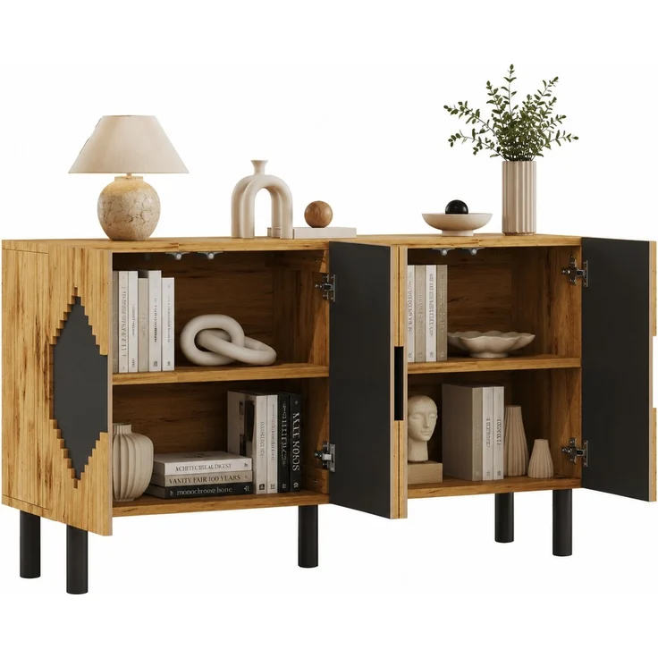 DESVIAE Sideboard Natur/Schwarz aus MDF/Spanplatte – 140x70x40 cm – 2 Türen, Push-Open – Bild 7
