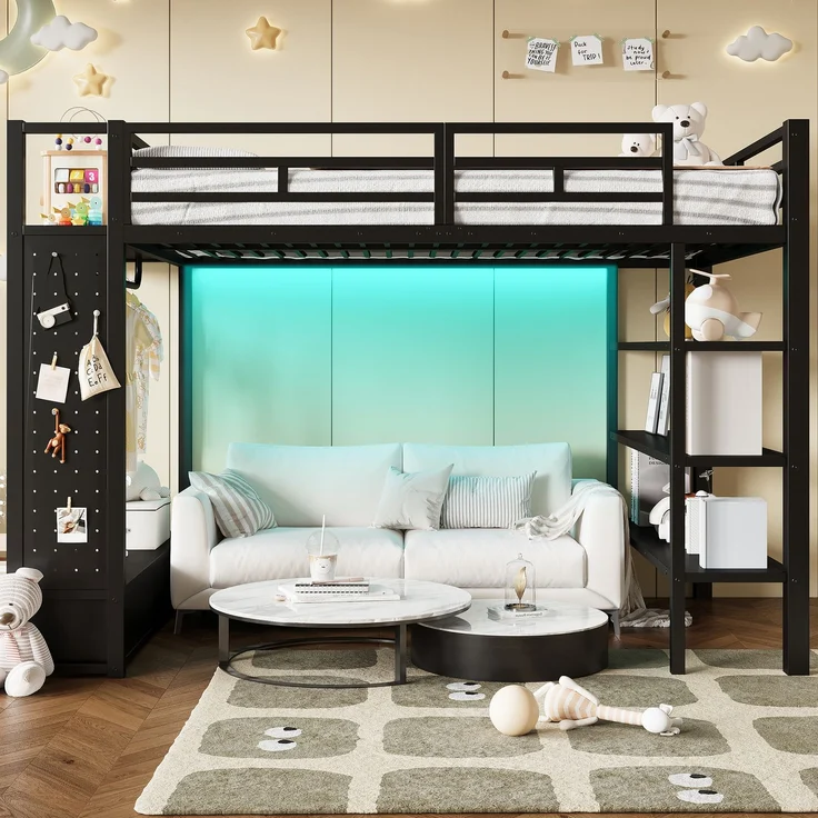 Wohnora-Hochbettgestell 140x200 mit offenem Kleiderschrank, Metall-Hochbett mit Ablagefächern, Lochwand und LED-Beleuchtung, schwarz,Schwarz – Bild 2