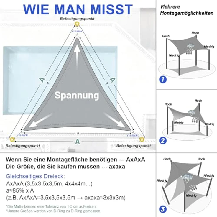 LOVE STORY Sonnensegel Wasserdicht 3 x 3 x 3 m Dreieckig PES Polyester Sonnenschutz Windschutz Balkon Terrasse 95% UV-Schut,für Balkon Garten,Hellgrau – Bild 6