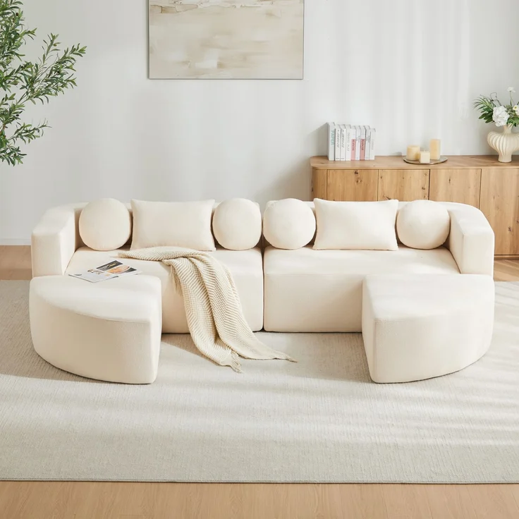 Merax 4-Sitzer Sofas, 292cm Modulare Sofa, Modulare Schlafcouch mit Schlaffunktion, Vollkomprimierte Cloud Couch, Chenille, Ohne Montage, Beige – Bild 5