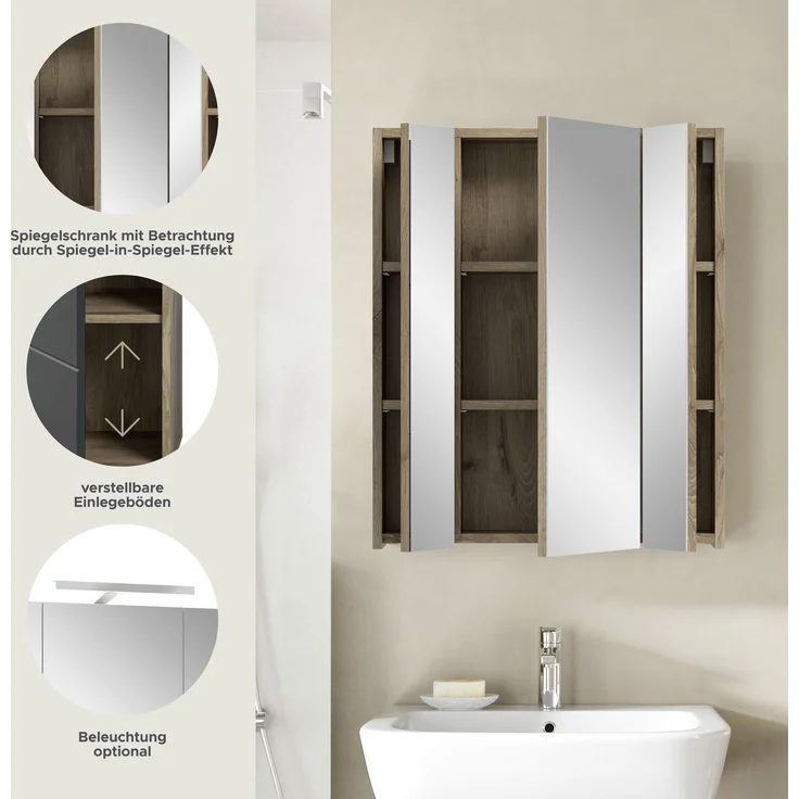 Spiegelschrank (B/H/T: 60x70x18 cm) in schwarz matt und Nox Oak Nachbildung – Bild 7