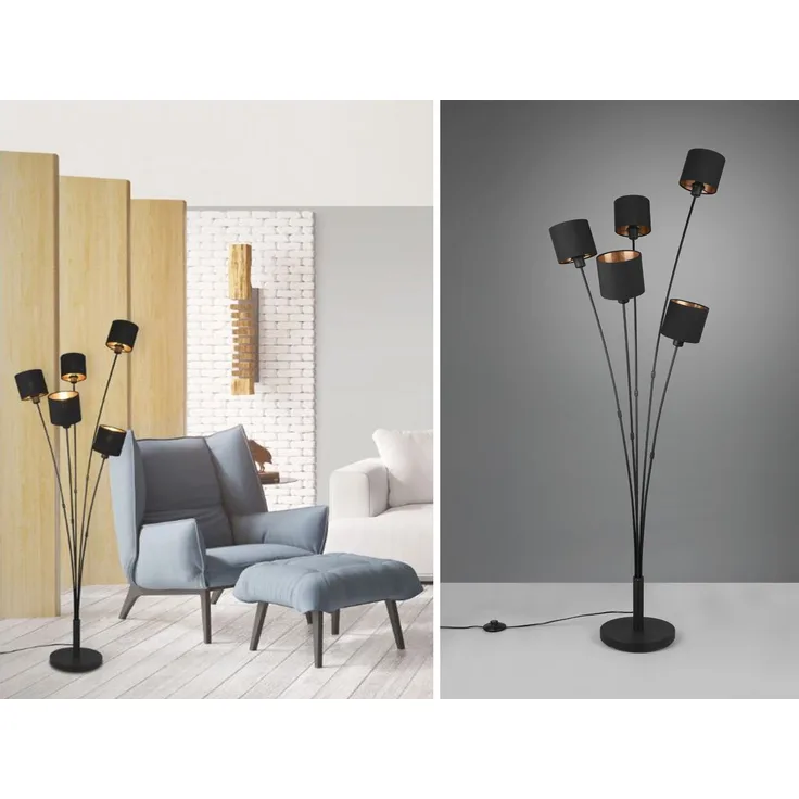LED Stehleuchte 5 flammig Metall, Stoffschirm Schwarz Gold, Höhe 163cm