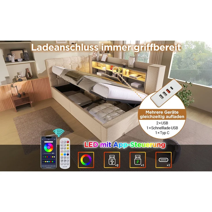 U-life Polsterbett Doppelbett 140x200 cm, hydraulischer Stauraum, L-förmigem, Beidseitig montierbar, Lattenrost, Leinen, Beige – Bild 10