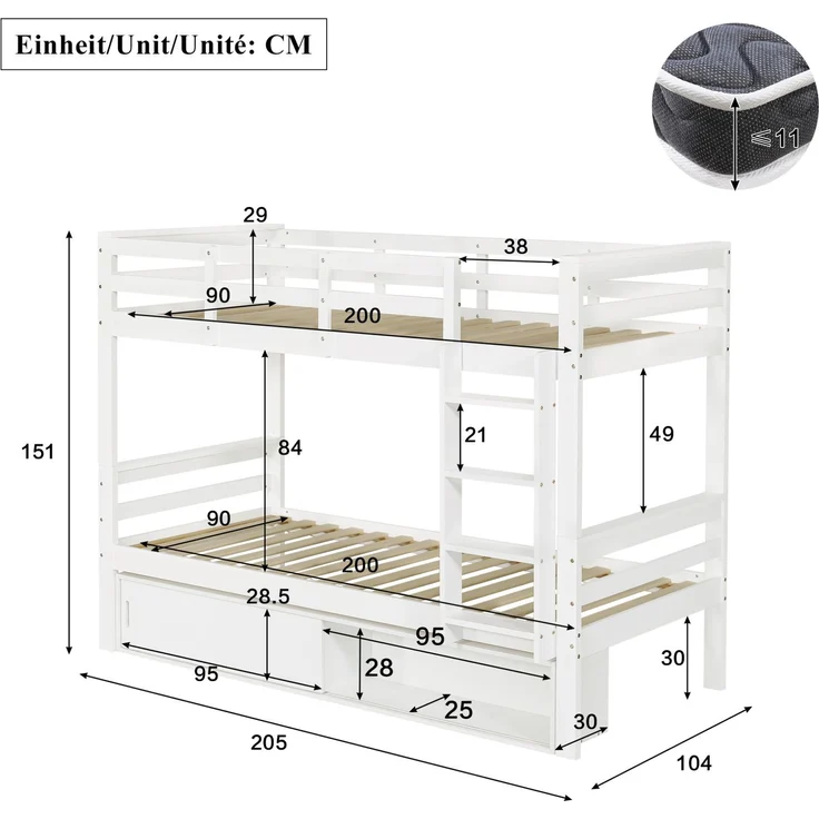 Etagenbett 90x200 cm, teilbar in 2 Einzelbetten, mit Schiebetür-Stauraum, Weiß (ohne Matratze) – Bild 4
