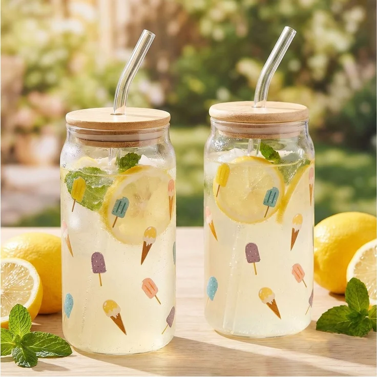 Levandeo® Glas, 2er Set Trinkglas 500ml Eis am Stiel Glas-Strohhalm Deckel – Bild 1