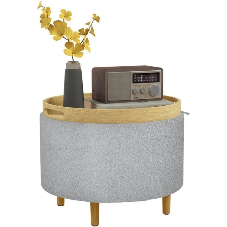 HOMCOM Sitzhocker mit Klappdeckel, Holzbeine (Hocker, 1 St, Polsterhocker), für Wohnzimmer, Schlafzimmer, Grau, Ø56x42 cm – Bild 4