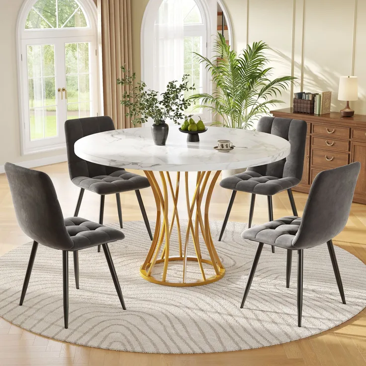 Esstisch-Set 80x80 cm mit 4 Grauer Samtstühlen, 1 Tisch, Metallgestell, komfortabel & stilvoll