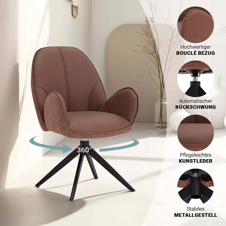 Esstisch mit 4 Stühlen Set Essgruppe Polsterstühle Drehbar Bouclé Leder Braun Esszimmertisch Oval Metall Schwarz – Bild 6