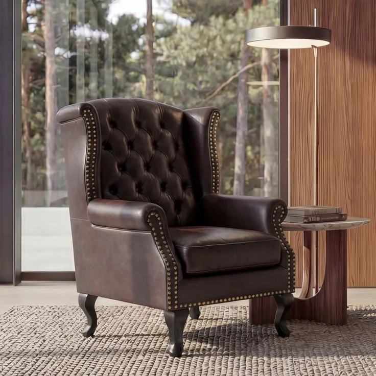 Sessel Relaxsessel Clubsessel Ohrensessel Chesterfield, Kunstleder ~ antik-braun ohne Ottomane