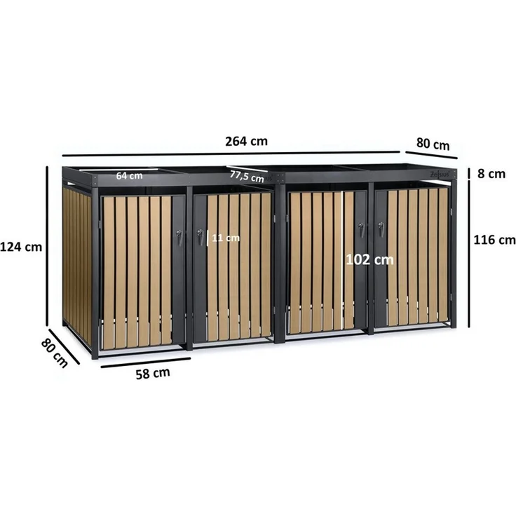 Zelsius Mülltonnenbox mit Pflanzdach für 4 Tonnen, 120 - 240 Liter, Verzinkter Stahl / Holzoptik RAL 7016, 264x80x124 cm – Bild 2