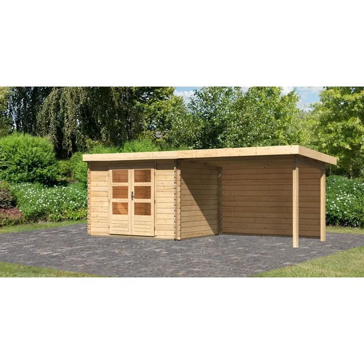 Gartenhaus Bastrup 3 - 579x237 cm mit Anbaudach 3,00 m mit Rückwand, 28 mm Holz naturbelassen