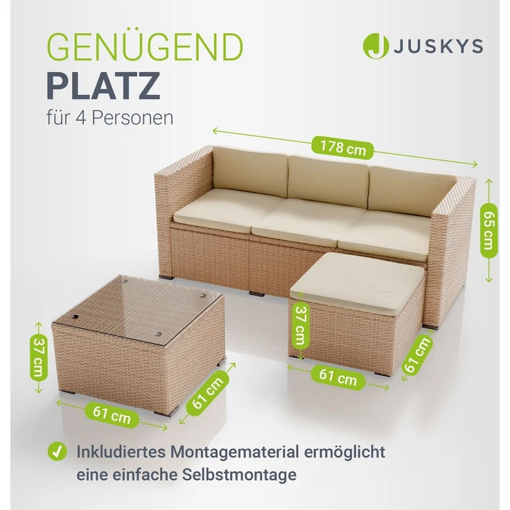 Juskys Polyrattan Lounge Punta Cana M creme – Gartenlounge für 3-4 Personen – Sitzgruppe mit Sofa, Tisch & Hocker - Sitzbezüge Sand – Bild 4
