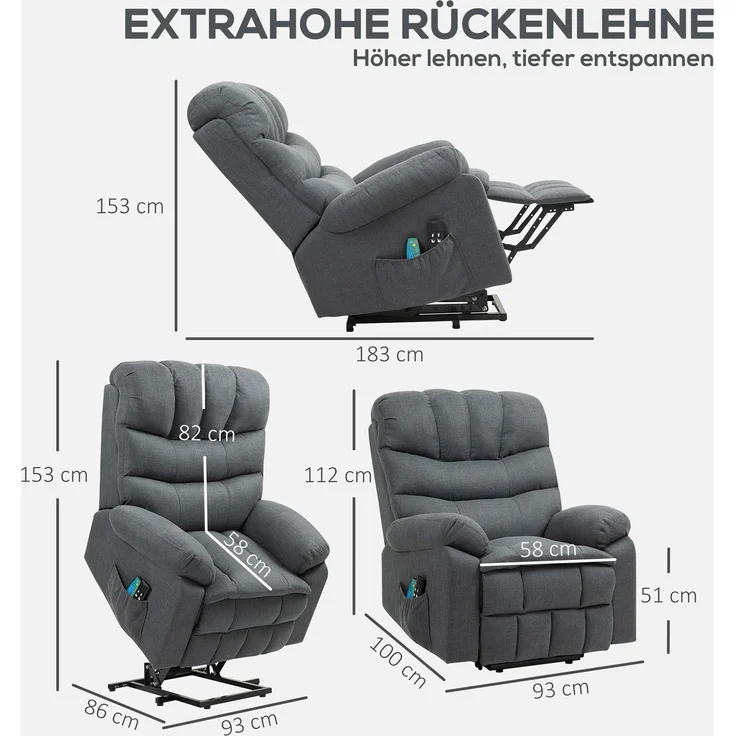 Wohnora-Aufstehsessel, elektrischer Liegesessel mit Massagefunktion, Polstersessel mit Aufstehfunktion, Metall, Stoff, Grau,H 1120cm x T 1000cm x B 930cm,Dunkelgrau – Bild 4