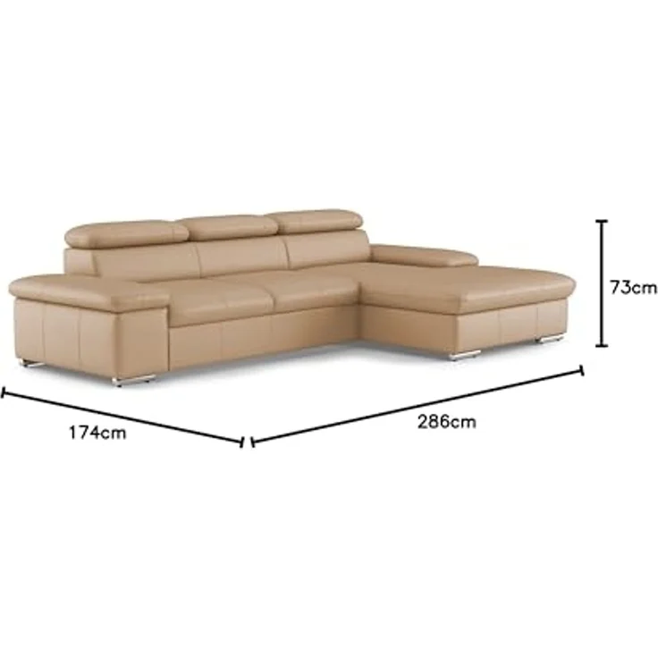 CAVADORE Leder-Schlafsofa Valerie mit XL-Longchair / Eckcouch mit Schlaffunktion, Kopfteilverstellung + großem Longchair / 286 x 73 x 174 / Echtleder Beige – Bild 3