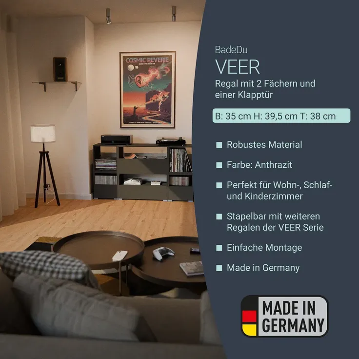 BADEDU VEER Regal 35 cm breit, Anthrazit, 2 Fächer mit Tür – Bild 2