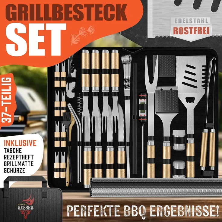 KESSER® Grillbesteck Set 37-teilig Grillzubehör aus rostfreiem Edelstahl Grillset mit Grillzange, Grillwender, 4in1 Grillspatel, Grillgabel, Grill-Spieß, Thermometer, Korkenzieher, Grillmatte & Tasche Beige – Bild 2