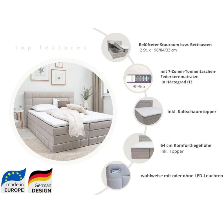 OTTO home Boxbett PHILLIPA inkl. Bettkasten, wahlweise mit LED-Leuchten, Breite: 180cm, inkl. Kaltschaum-Topper, in verschiedenen Farben erhältlich – Bild 3