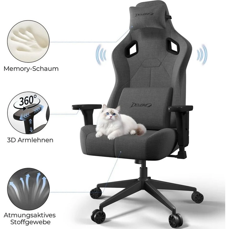 Devoko Gaming-Stuhl Luxuriöser Wildlederimitat,Großzügigem Sitz,gaming stuhl 200kg, Atmungsaktiver Stoff, Memory-Schaum, Leiseroller, Gaslift Stufe 4 – Bild 1