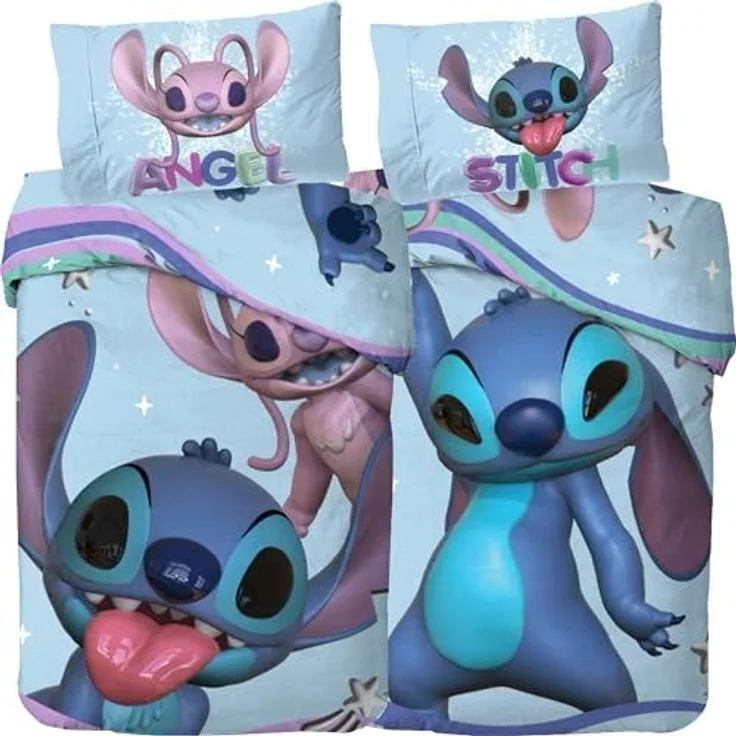 BERONAGE Kinderbettwäsche Lilo und Stitch Angel Hearts Disney Bettwäsche Linon / Renforcé, 2 teilig, 135x200 + 80x80 cm
