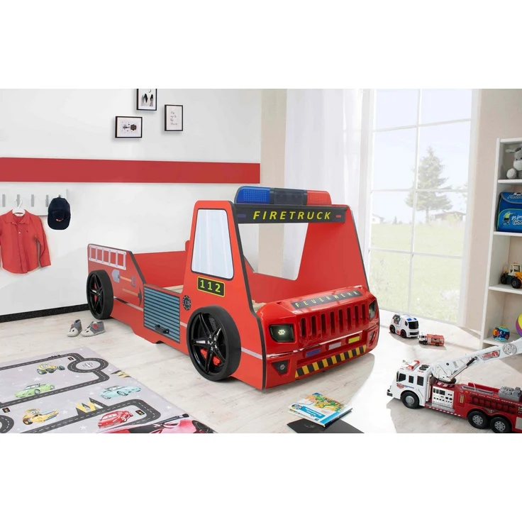 Autobett Kinderbett 90x200 Feuerwehrbett "Rio Firetruck" Hochglanz mit LED Leuchte Rot – Bild 1