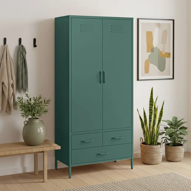 skølm 'Atria' Kleiderschrank mit 3 Schubladen, Metall, 170x45x80 cm, dunkelgrün, Garderobe mit 4 Fächern und 2 Kleiderstangen – Bild 8