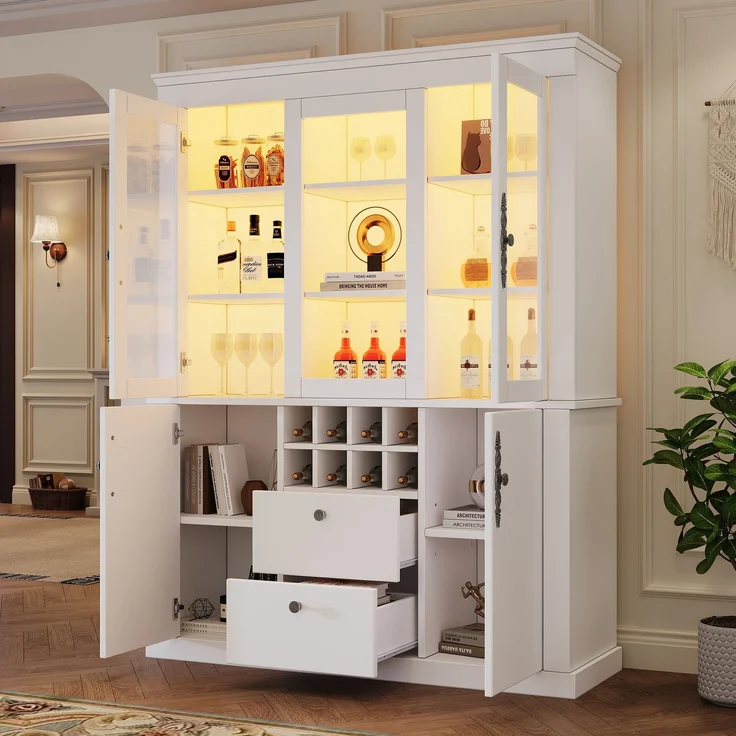 130*37.5*170.5cm Vitrine, Standvitrine mit 2 Schubladen 4 Schranktüren, Glasvitrine mit LED, Wohnzimmerschrank 130 cm breit, Multifunktionsschrank mit 8 Weinregal, Großer Schrank, Weiß – Bild 2