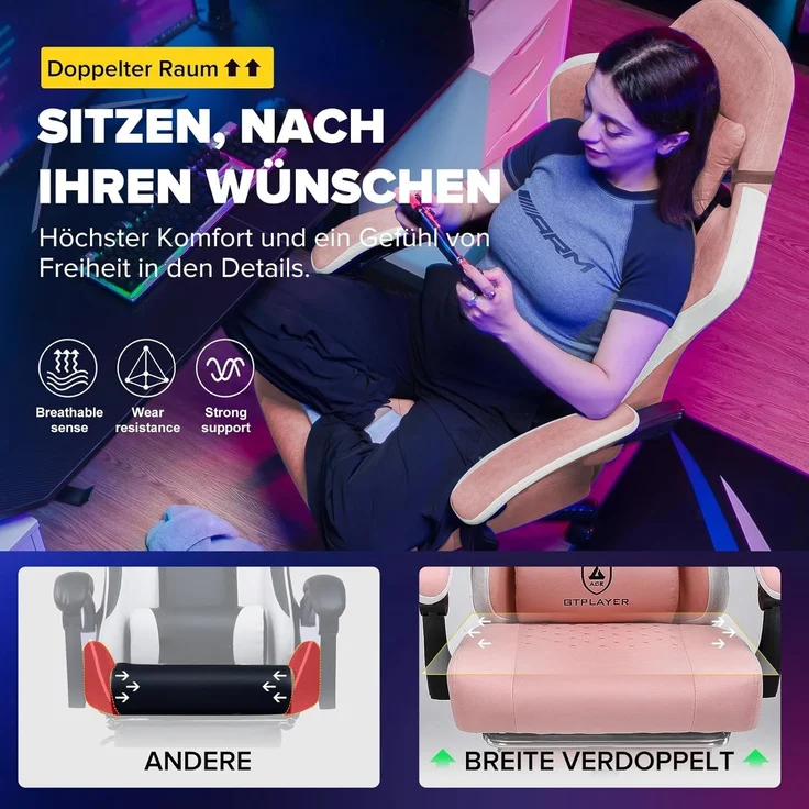 GTPLAYER Gaming Stuhl Ergonomischer Gaming Sessel Schreibtischstuhl mit Stoffoberfläche, Federsitzkissen, Verbindungsarmlehnen und Fußstütze ROSA – Bild 3