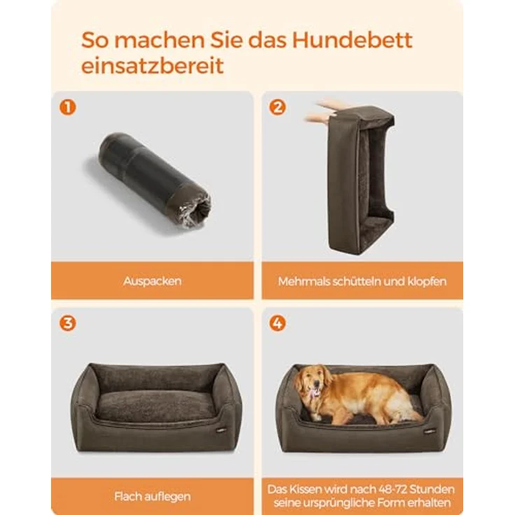 Feandrea Hundebett, Hundekissen in Leinenoptik, Hundekorb, erhöhte Ränder, rutschfeste Unterseite, Bezug abnehmbar waschbar, XL, für große Hunde, 110 x 75 x 27 cm, braun PGW12CC – Bild 9