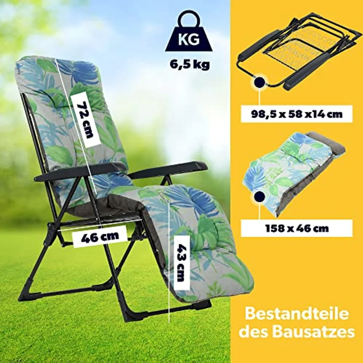 Kadax Gartenliegestuhl, Einstellbare Lehne, Grau-Grün, Metall, 58x152 cm, Gartenmöbel – Bild 4