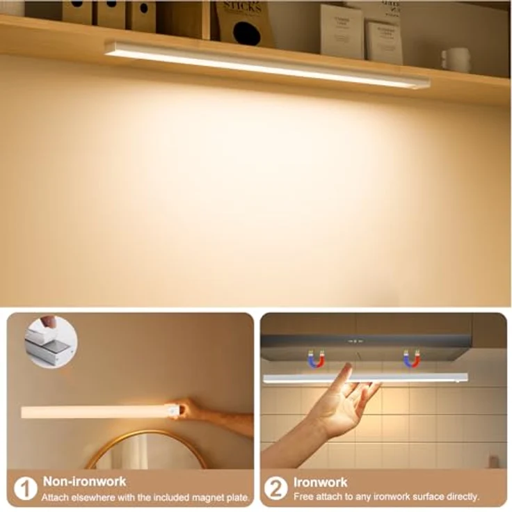 Unterbauleuchte Küche LED Schrankbeleuchtung mit Bewegungsmelder Innen 3Farbmodi Dimmbar 3000K/4000K/6500K,60cm 2Stück,LED Leiste Lampe Ohne Bohren USB Kabellos für Kleiderschrank/Treppe/Vitrinen/RV – Bild 5