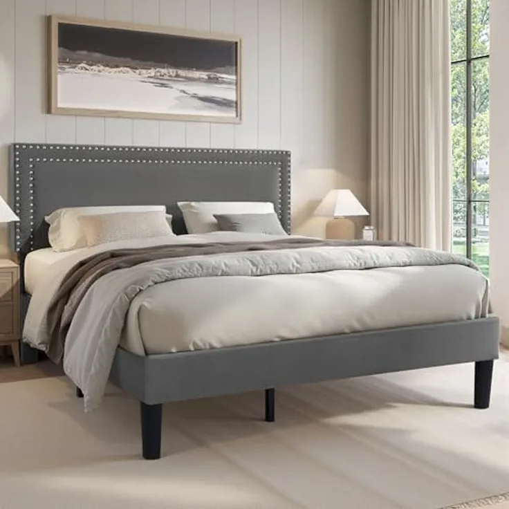 VECELO Polsterbett 140x200 cm Doppelbett Bettrahmen mit Höhenverstellbarem Kopfteil, Gepolstertes Bettgestell mit Lattenrost, Samtbezug, für Erwachsene & Jugendliche, Ohne Matratze, Grau