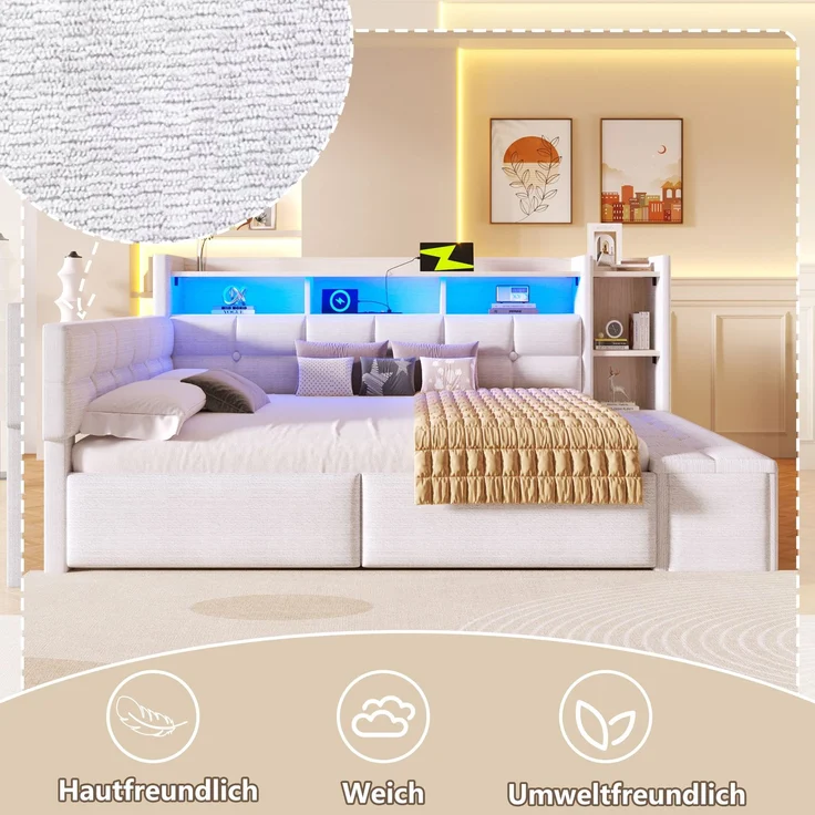 Merax Polsterbett 140 × 190 cm, Doppelbett, Tagesbett, Daybett, Schlafsofa, mit 2 Schubladen, USB- und Typ-C-Anschlüssen, LED-Lichtleiste, Ohne Matratze, Samt, Weiß – Bild 6